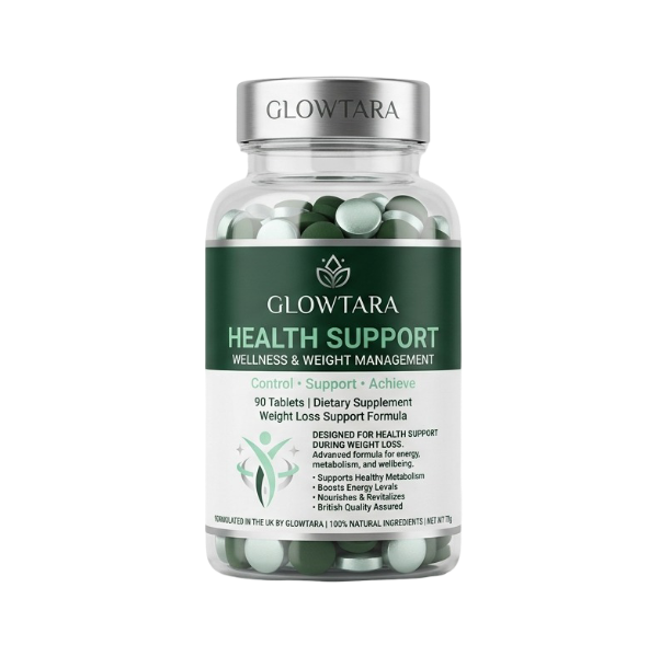 Glowtara food supplement bottle in mint and dark-green tones.